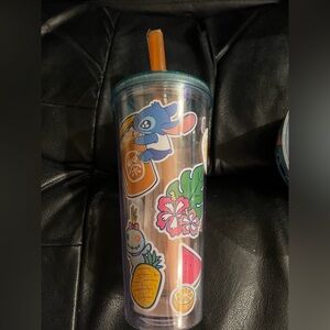 Stitch Tumbler with Tropical Stickers and Orange Straw